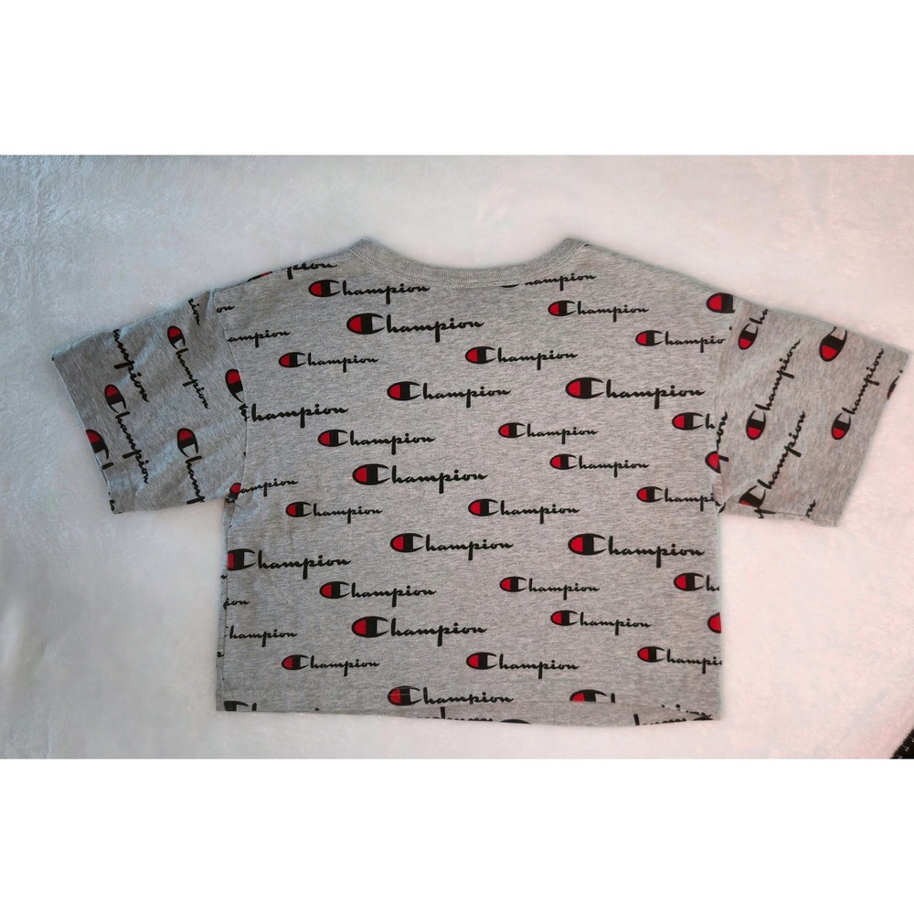Champion Womens Gray All Over Script Logo Crop Top Tee WL956P XS - Picture 2 of 7